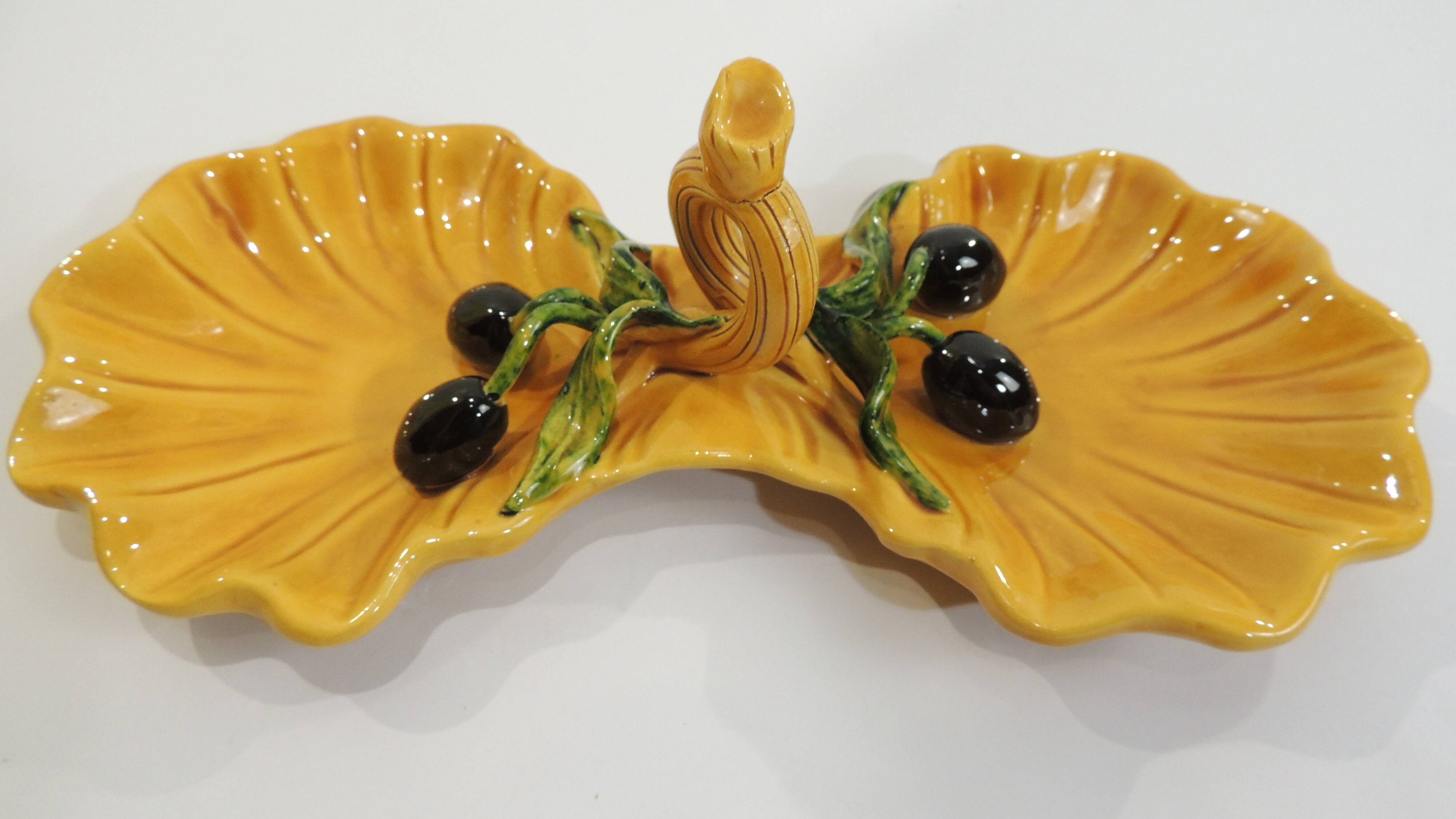 A vintage yellow ceramic aperitif server from Vallauris, 1970s, for black olives.