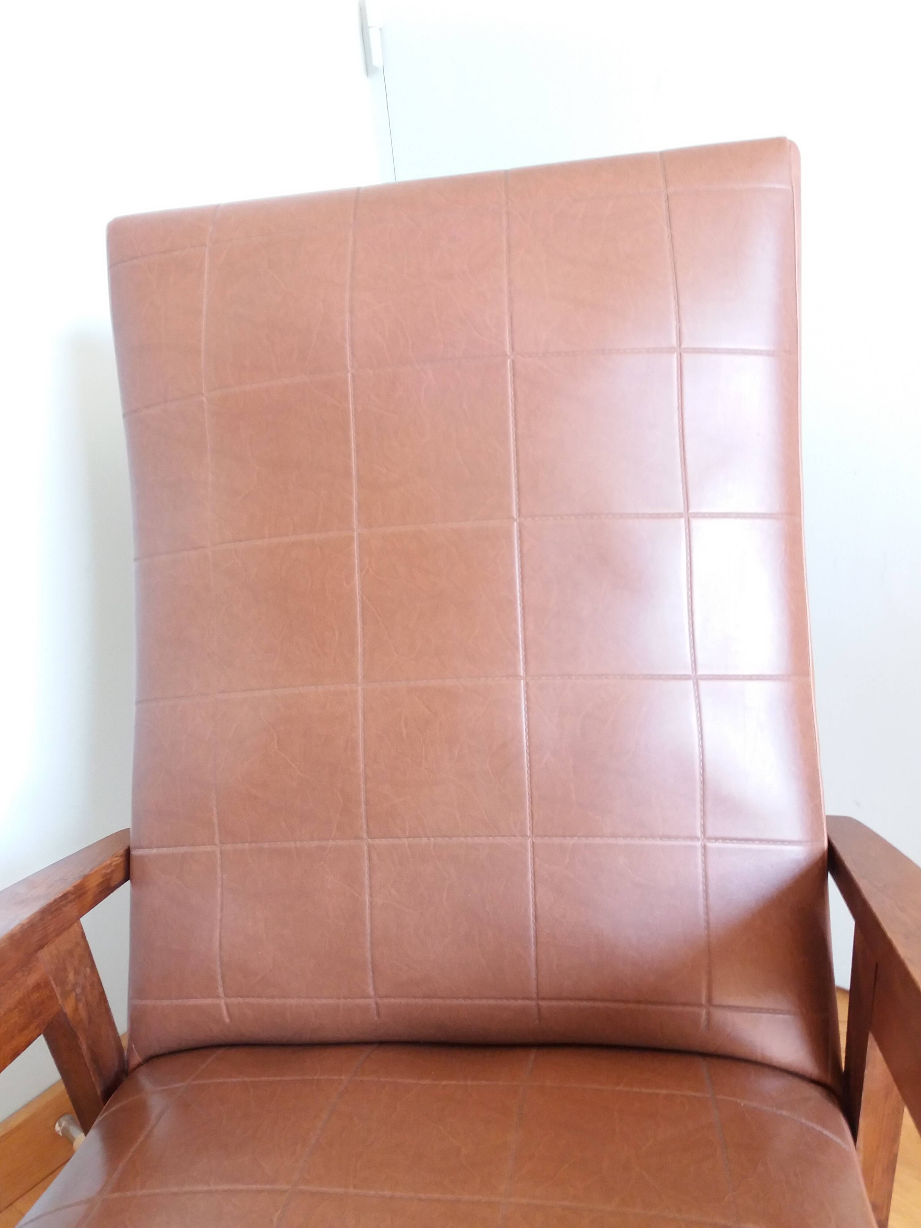 Scandinavian brown skai and wood armchair
