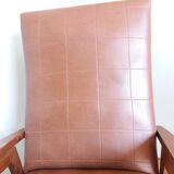 Scandinavian brown skai and wood armchair