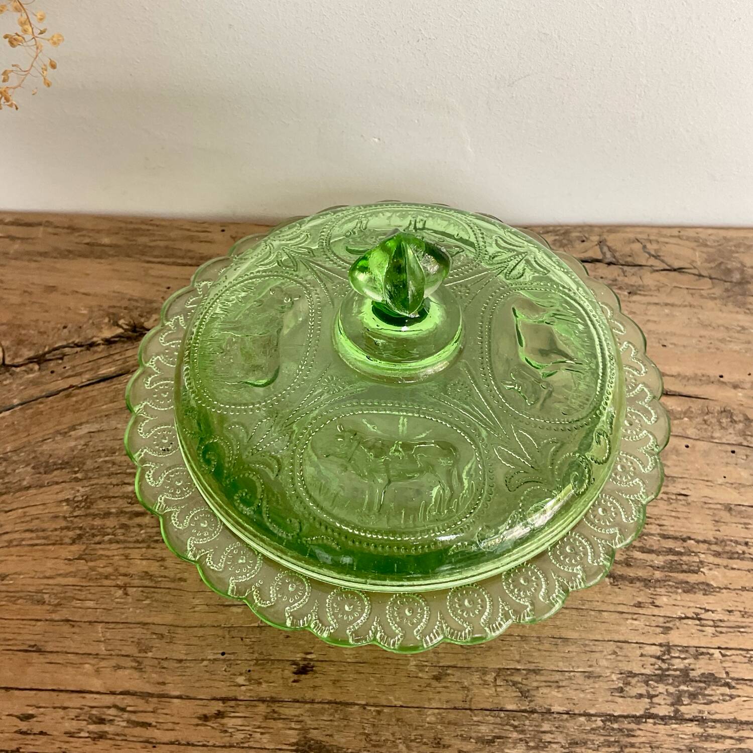 Green glass butter dish