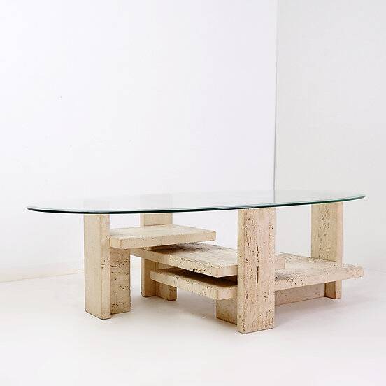 Glass and Travertine Coffee Table, Willy Ballez, 1970s