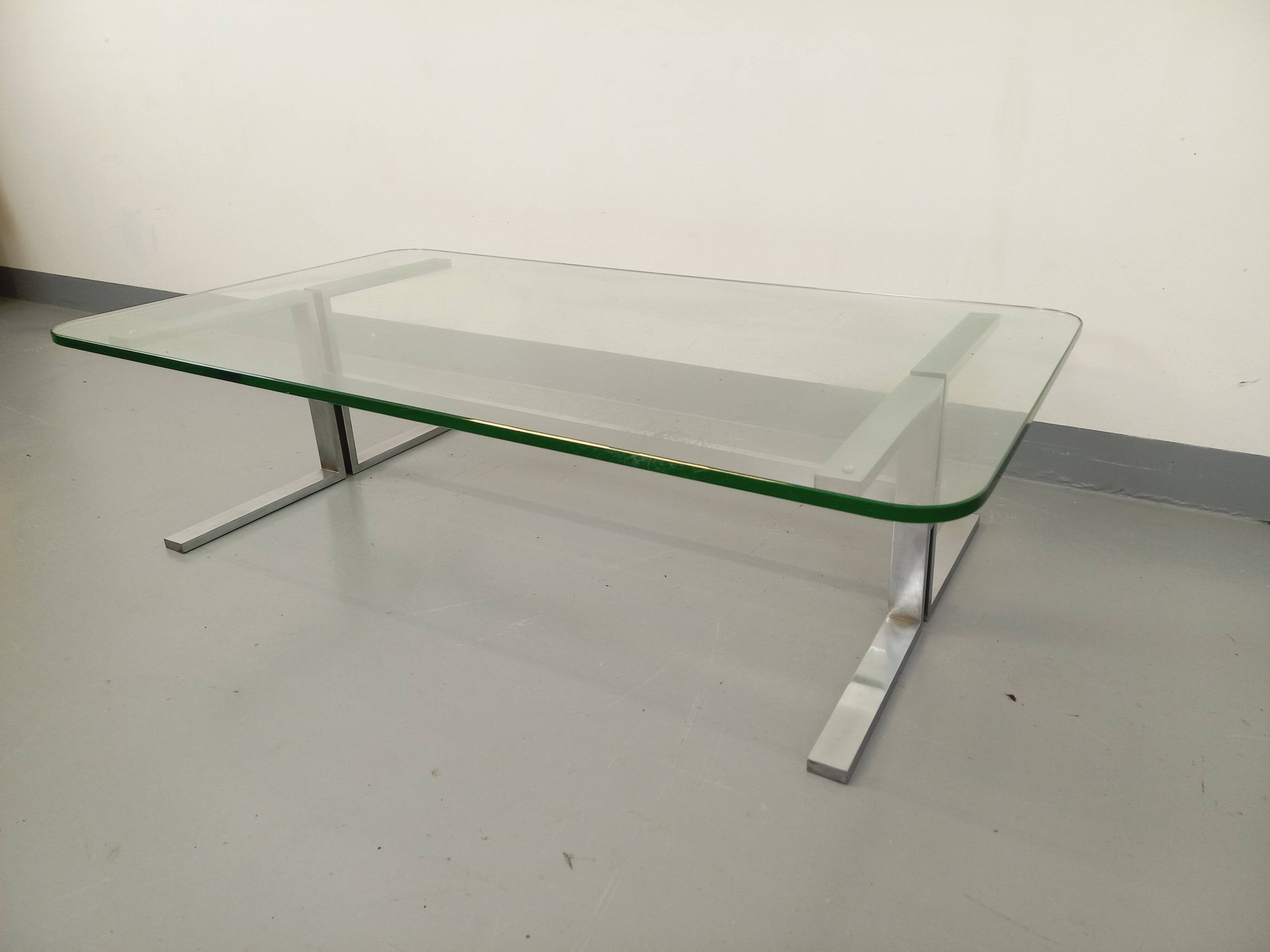 Vintage coffee table in transparent glass and cast aluminum from the 70s