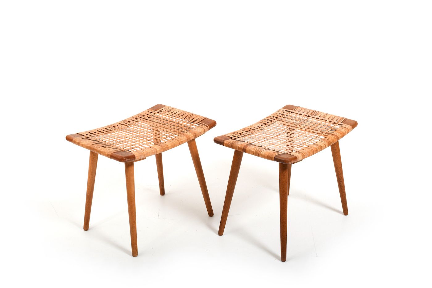 Pair of 1950s Danish Teak Oak and Cane Stools