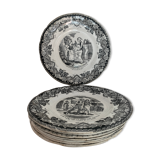 8 old, black and white dessert plates, Lunéville, Country Pranksters