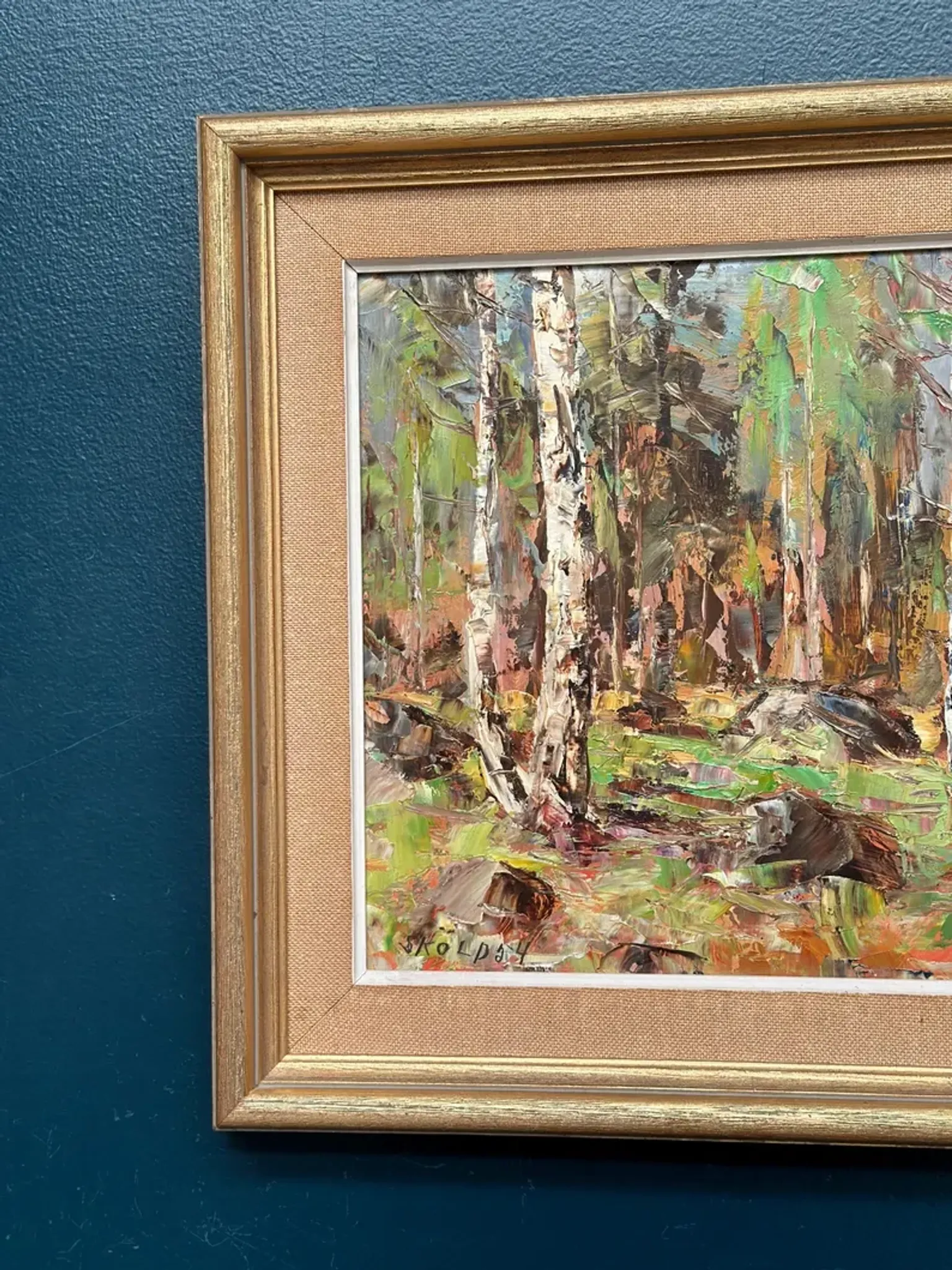 Original Swedish Oil on Canvas – “Birch Forest” by John Sköld – Signed – Dated 1954 – Framed – 40 × 40 cm