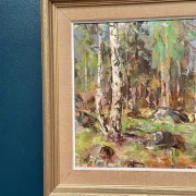 Original Swedish Oil on Canvas – “Birch Forest” by John Sköld – Signed – Dated 1954 – Framed – 40 × 40 cm