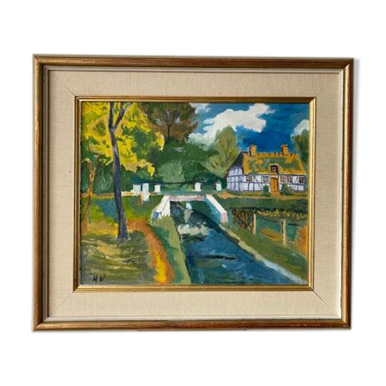Mid Century Vintage Oil Framed Painting - The Courtyard
