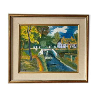 Mid Century Vintage Oil Framed Painting - The Courtyard