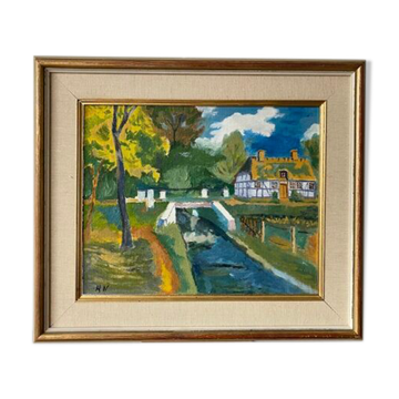 Mid Century Vintage Oil Framed Painting - The Courtyard