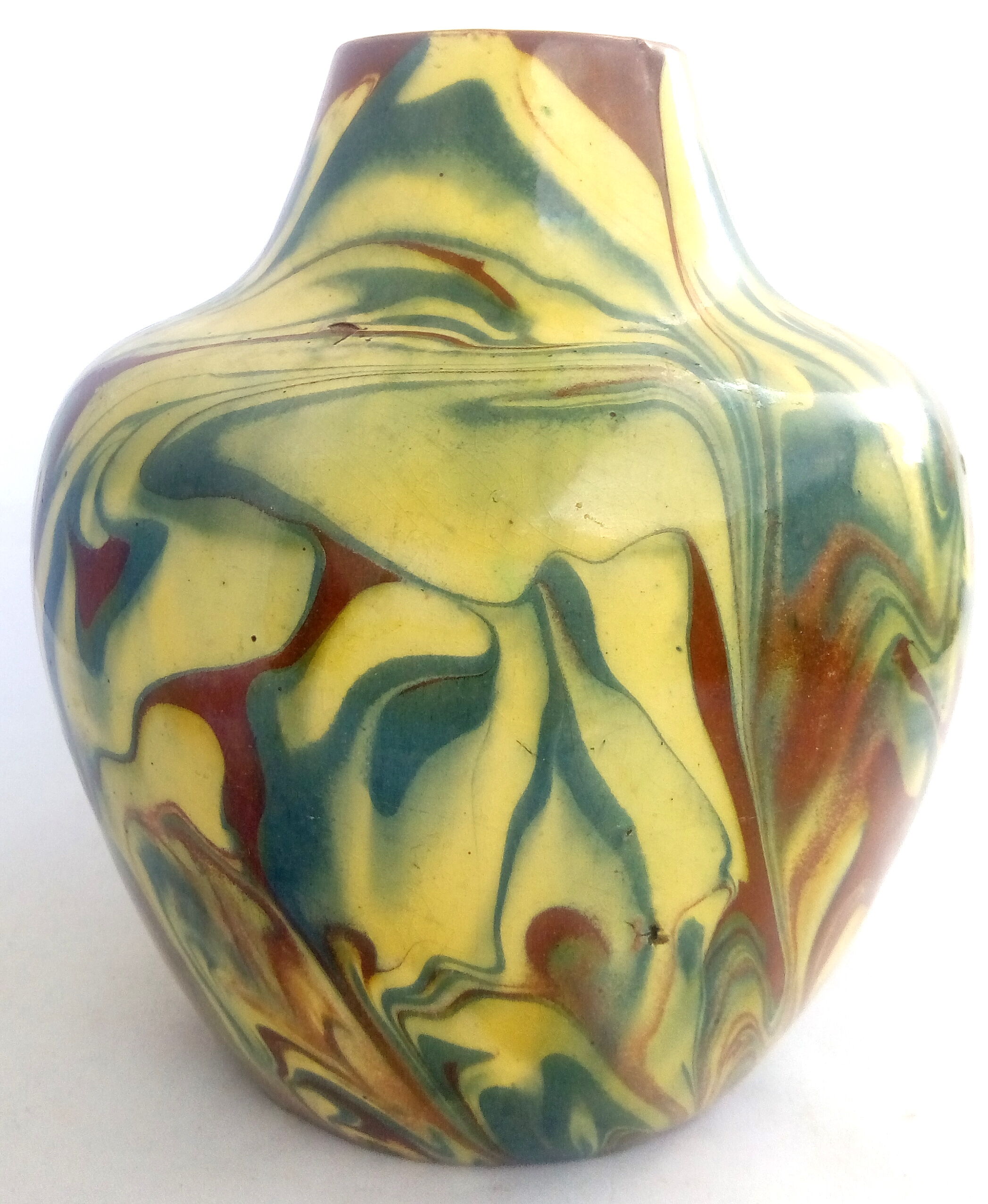 Brown, yellow and green marbled ceramic vase