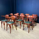 Set of 10 wooden bistro armchairs with green leatherette palmette from the 80s France