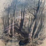 Painting drawing "Underwood" by Victor CASSIEN (1808-1893) + frame