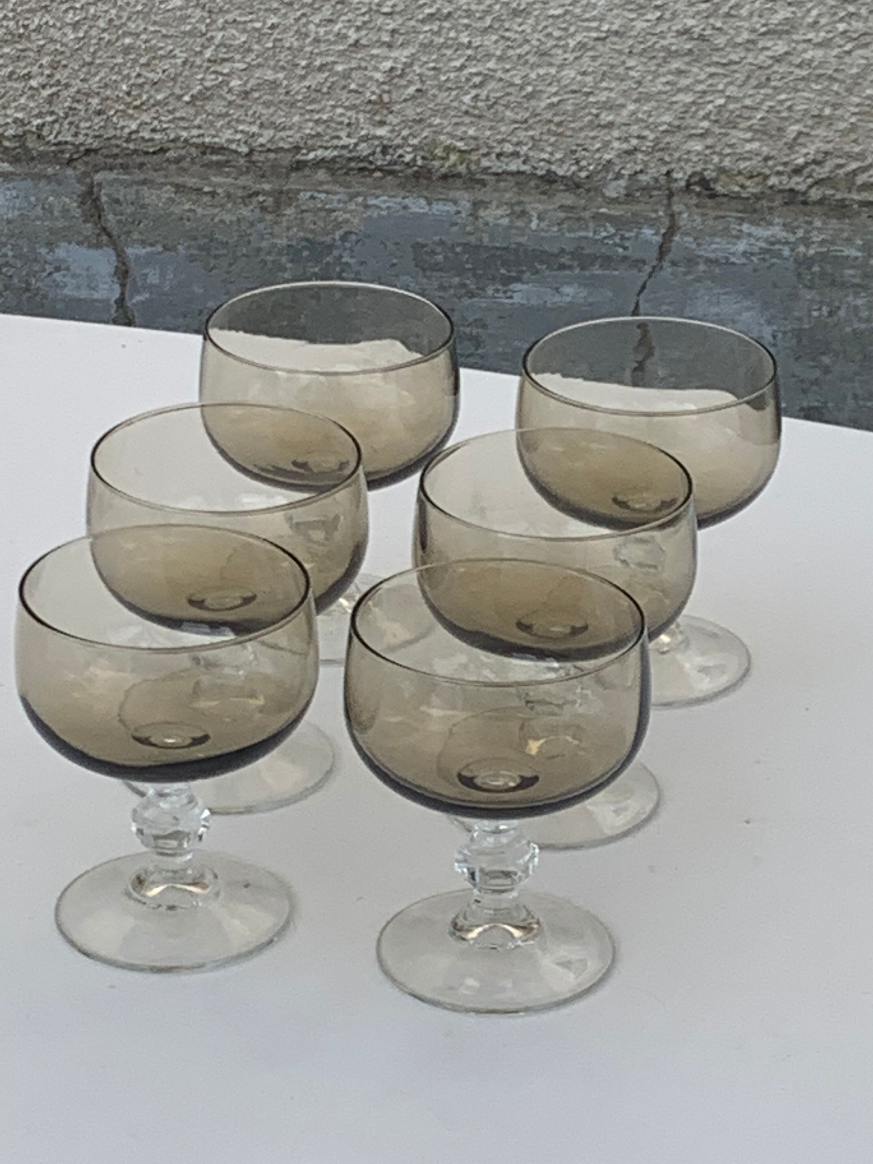 6 champagne glasses in brown and transparent glass vintage 1970