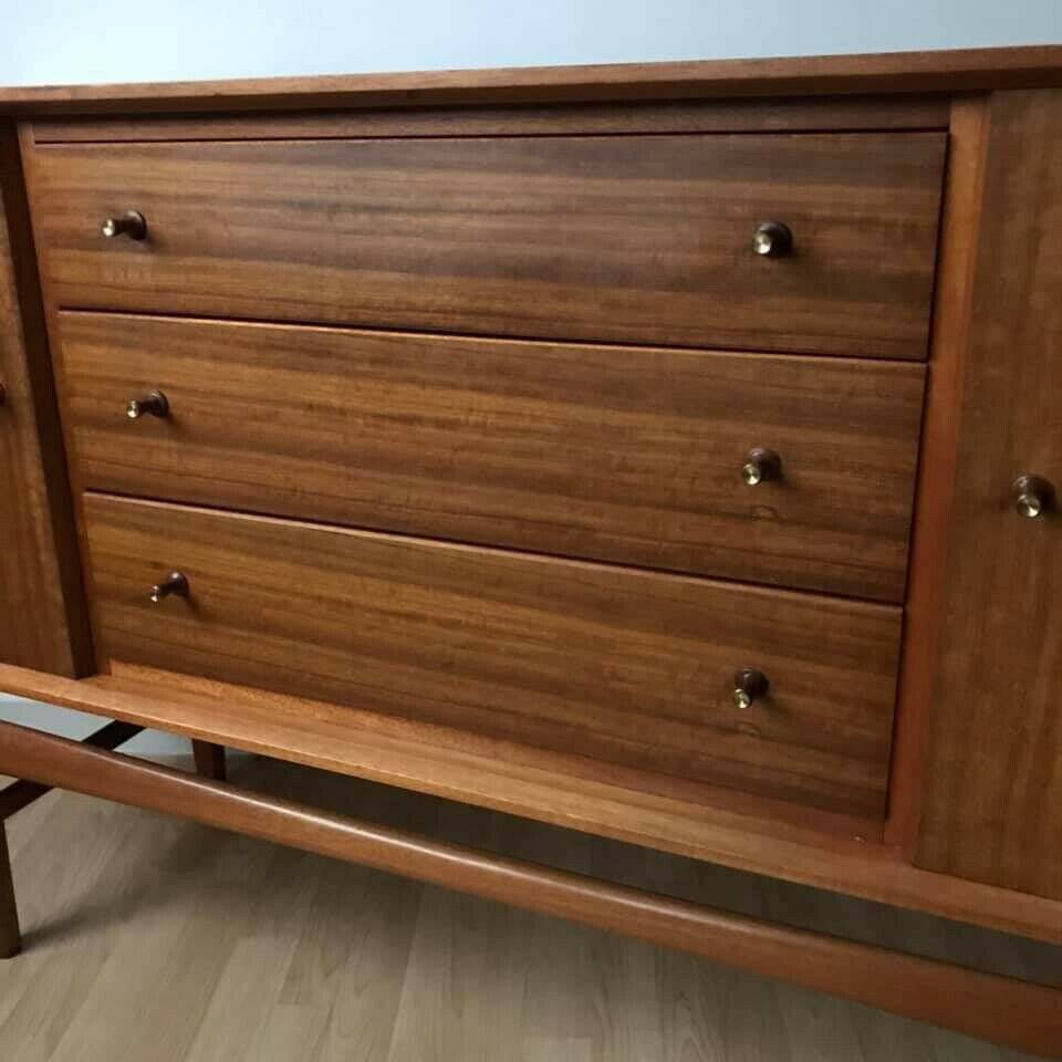 Mid-Century teak enfilade in brown by Russell of Broadway, 1950s, sleek design.