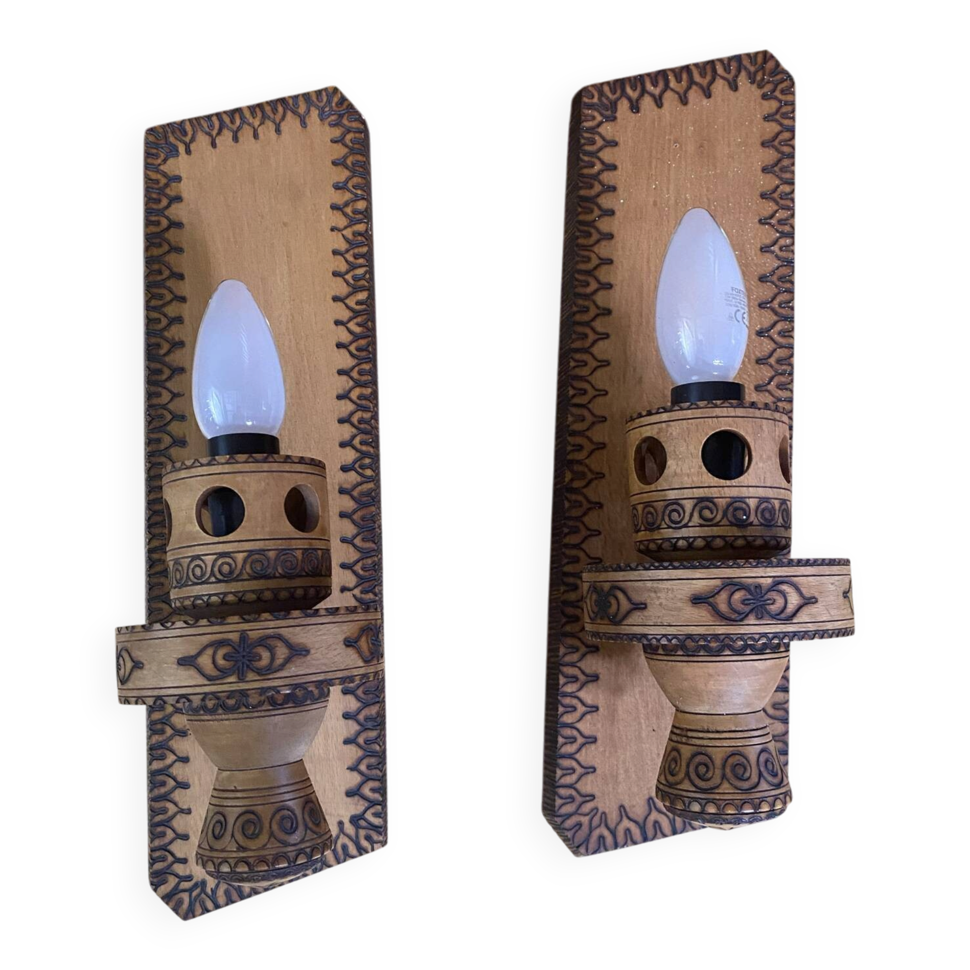 Pair of Vintage Pyrographed Wood Torch Wall Lights Mountain Style #