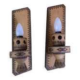 Paire Ancienne Applique Torche Bois Pyrogravé style Montagne Vintage #