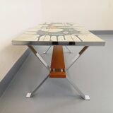 Vintage coffee table from the 60s and 70s in ceramic, chrome metal, and wood.