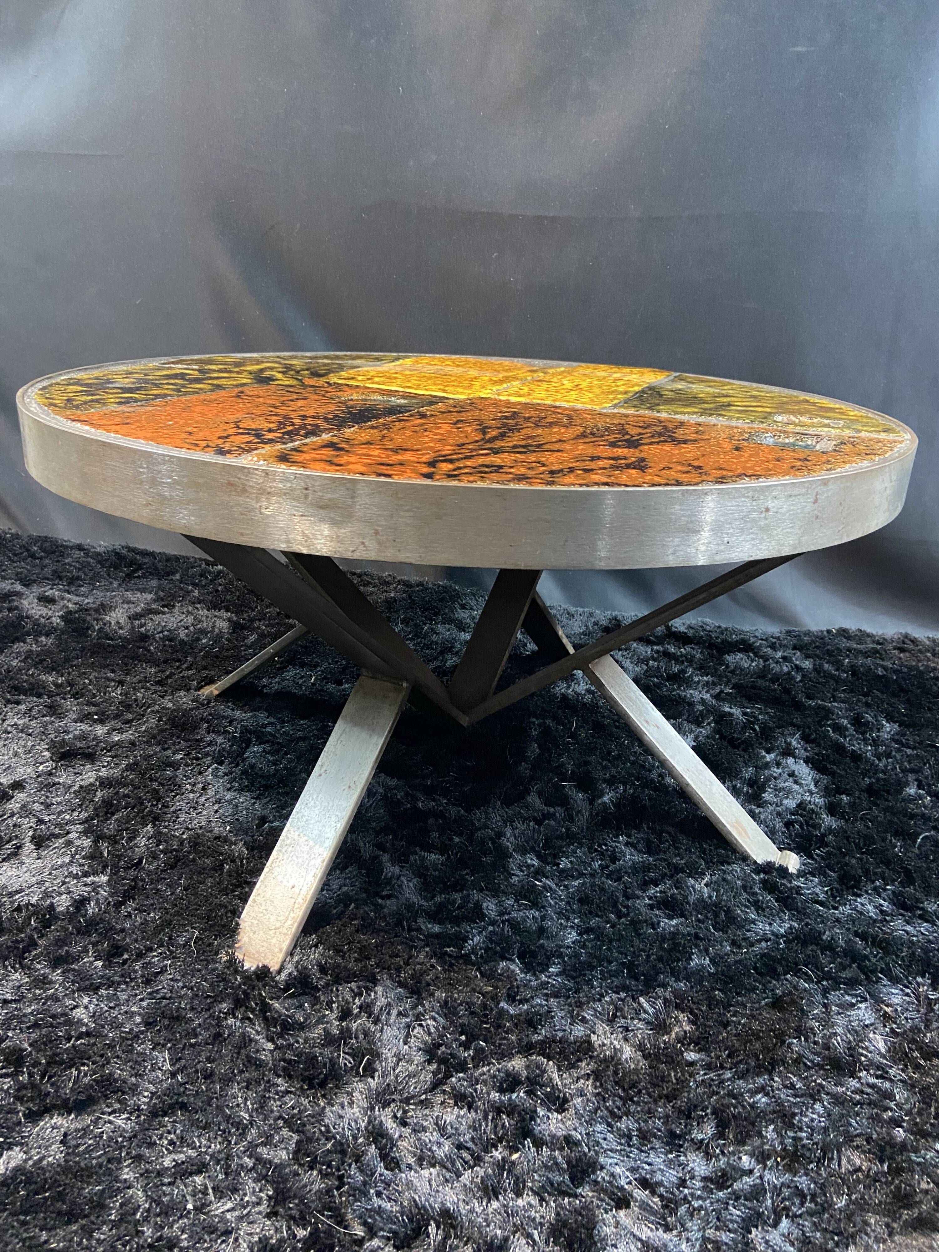 Roche Bobois coffee table design 1960-1970 ceramic top on metal.
