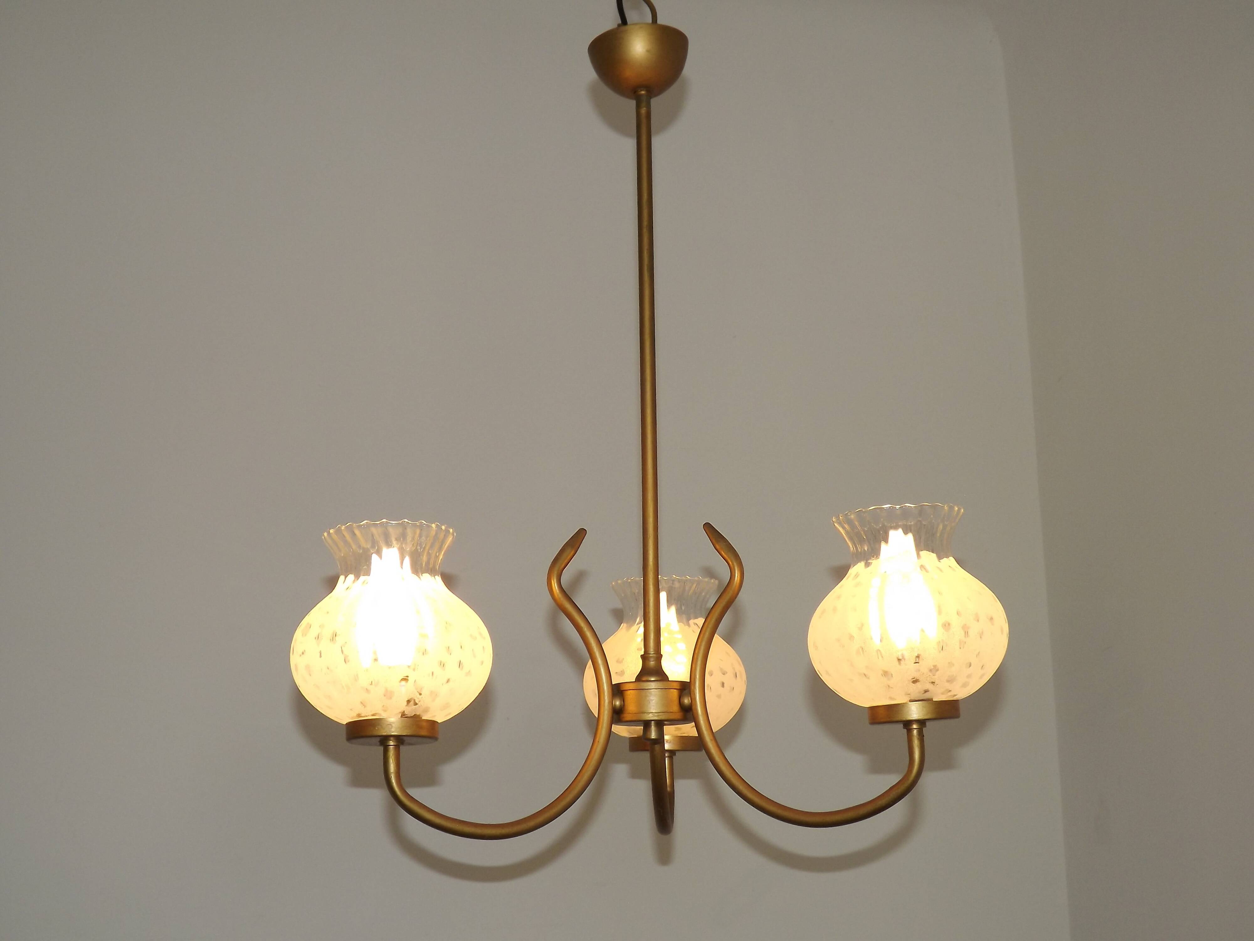 French Mid Century 3 Light Gold Metal Chandelier Textured Glass Shades