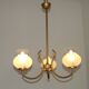 French Mid Century 3 Light Gold Metal Chandelier Textured Glass Shades