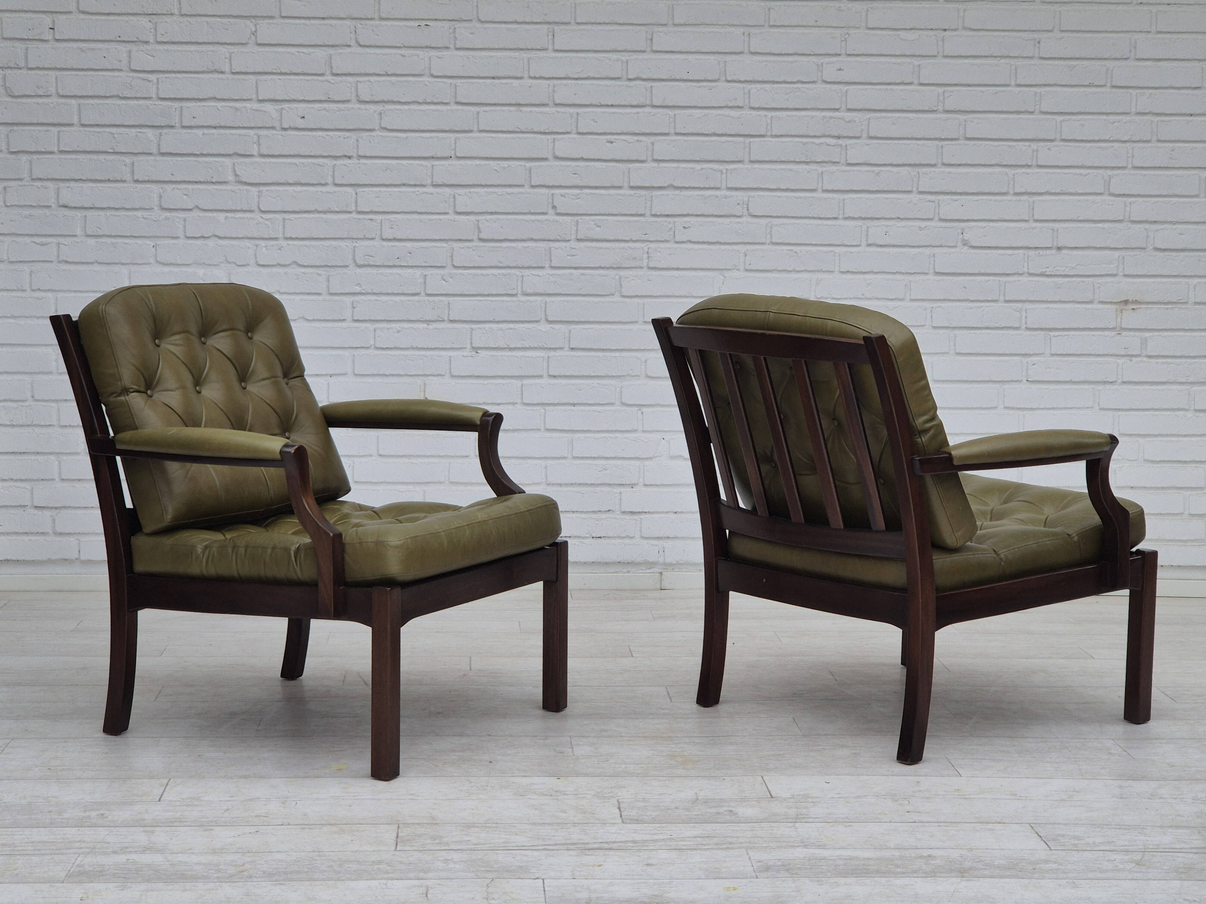 1970s, Scandinavian armchair, original condition,reen furniture leather, solid teak wood.