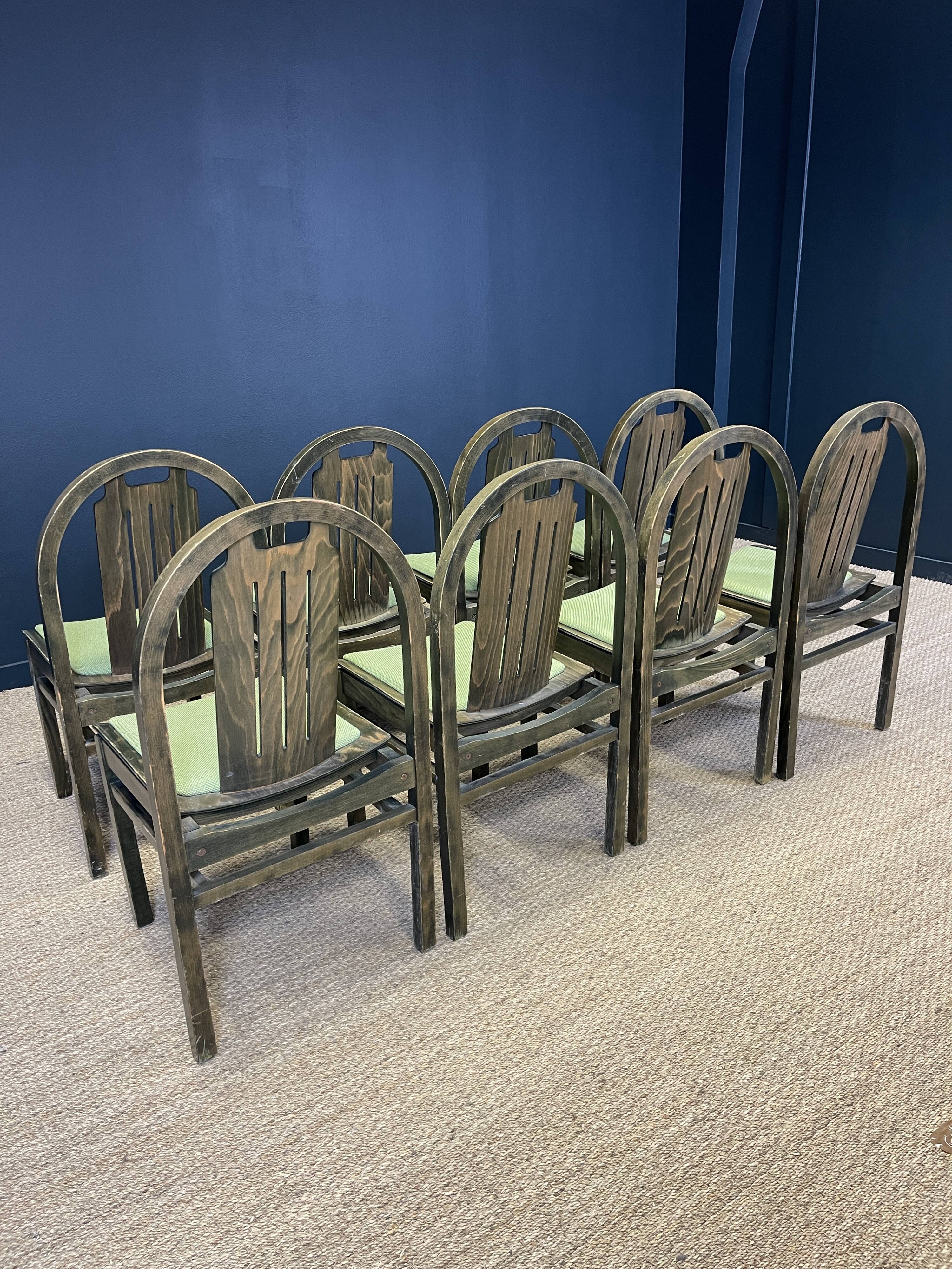 Set of 8 Baumann Argos bistro chairs wood and green fabric 80s France