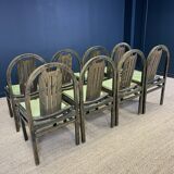 Ensemble de 8 chaises bistrot Baumann Argos bois et tissu vert années 80 France