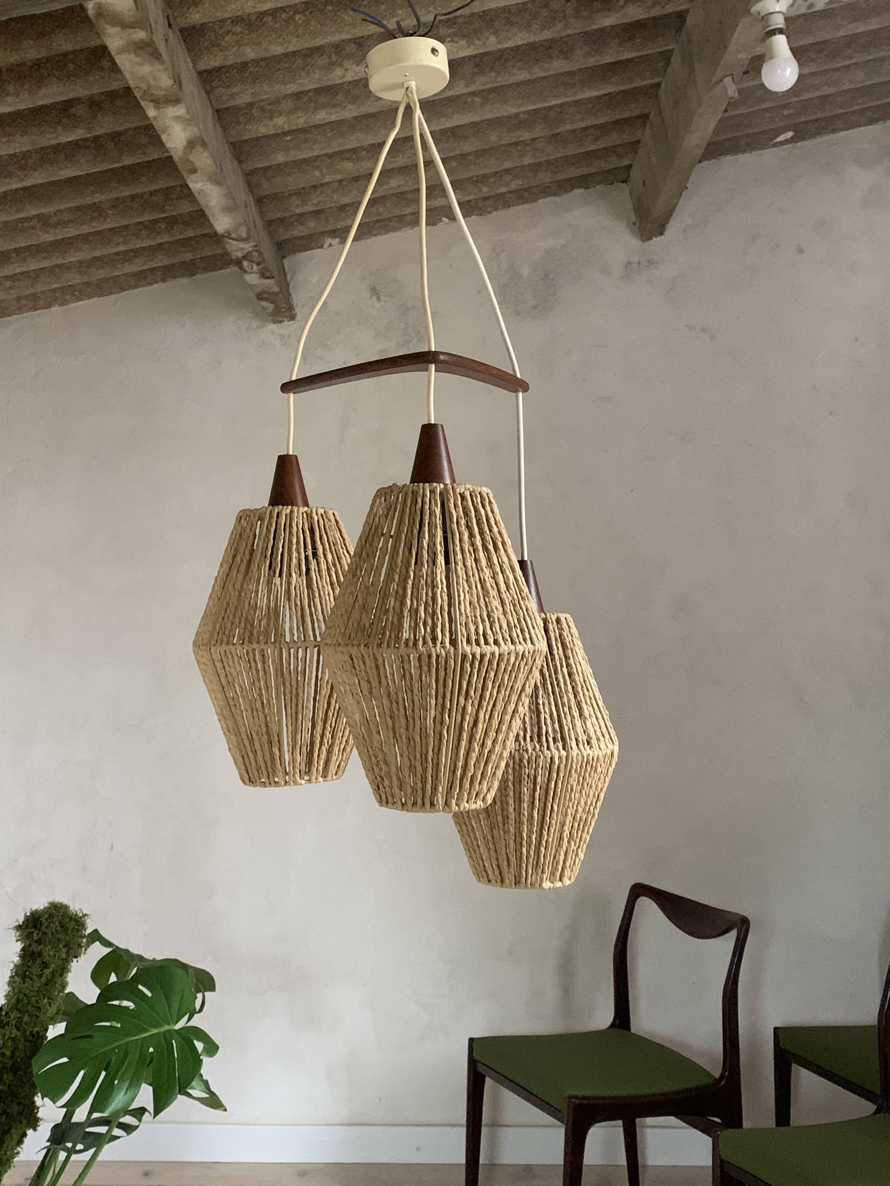 Vintage Scandinavian boomerang pendant light in teak and rope