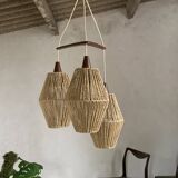 Vintage Scandinavian boomerang pendant light in teak and rope
