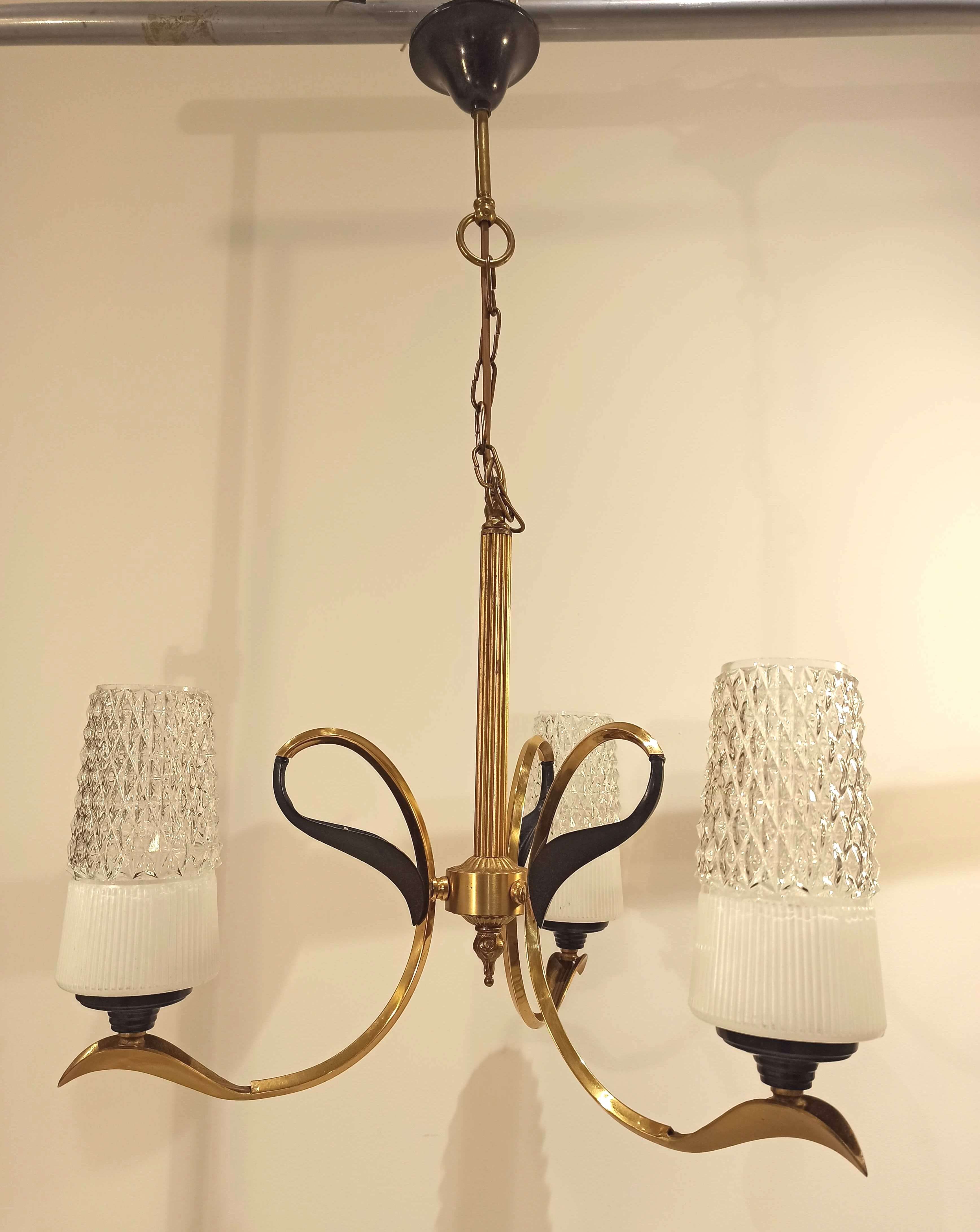 Vintage chandelier 3 burners brass gilded globes opaline glass white striated