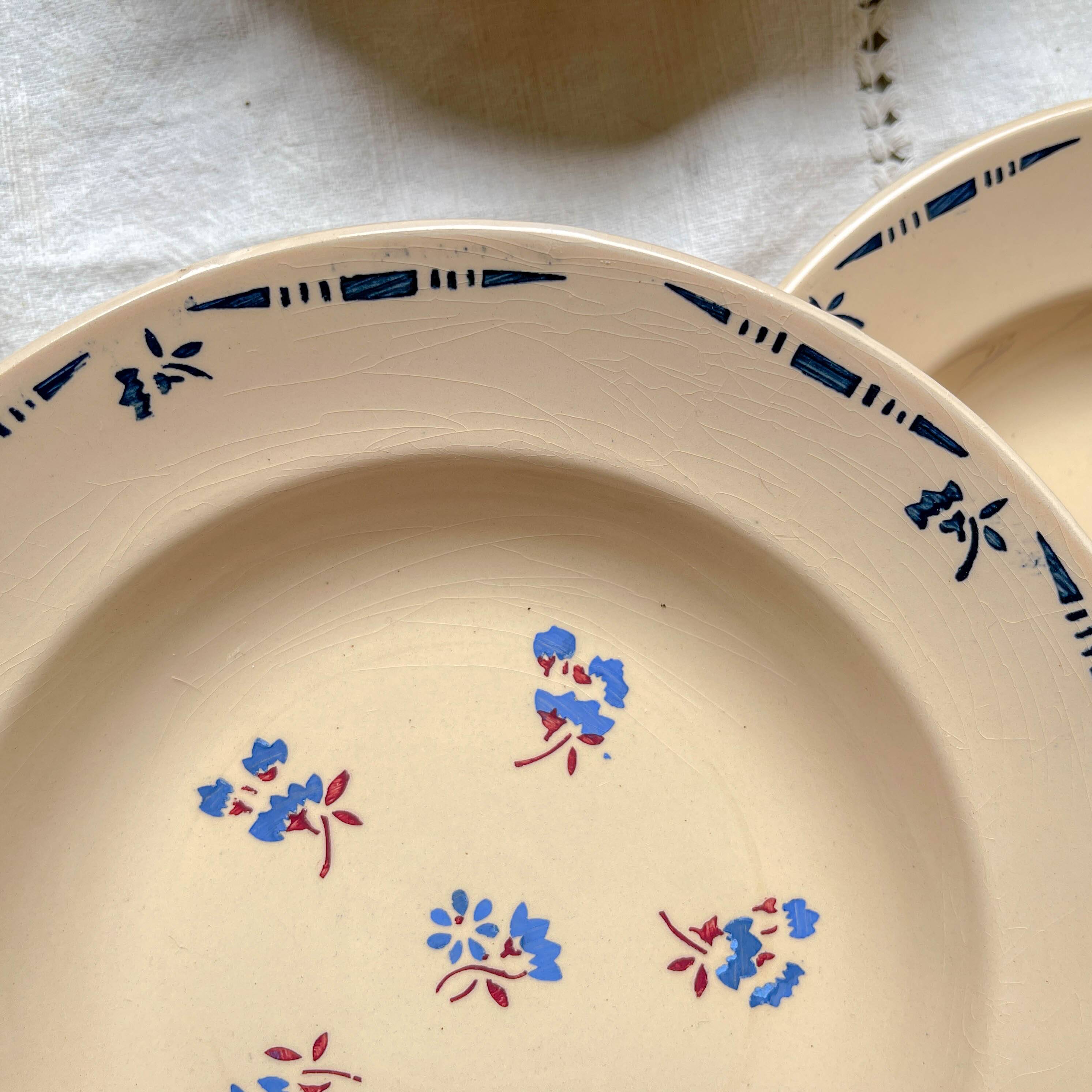 6 vintage K&G Luneville "Flore" porcelain soup plates, 1950s, small blue flowers
