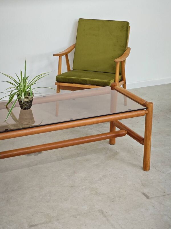 Table basse style chalet bois massif et verre  République Tchèque 1970