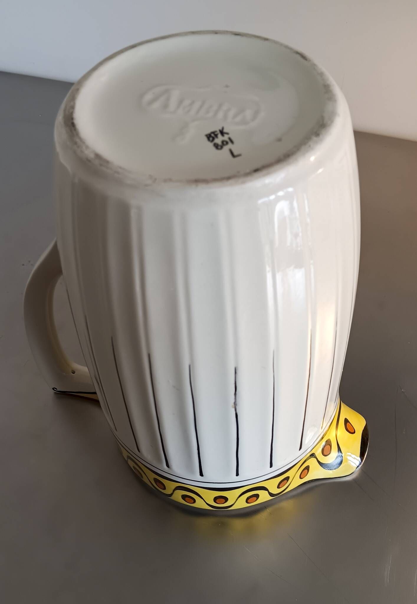 1 very large BFK (Boch Frères Keramis) Ambra 801 L jug. White, black lines and decorated band