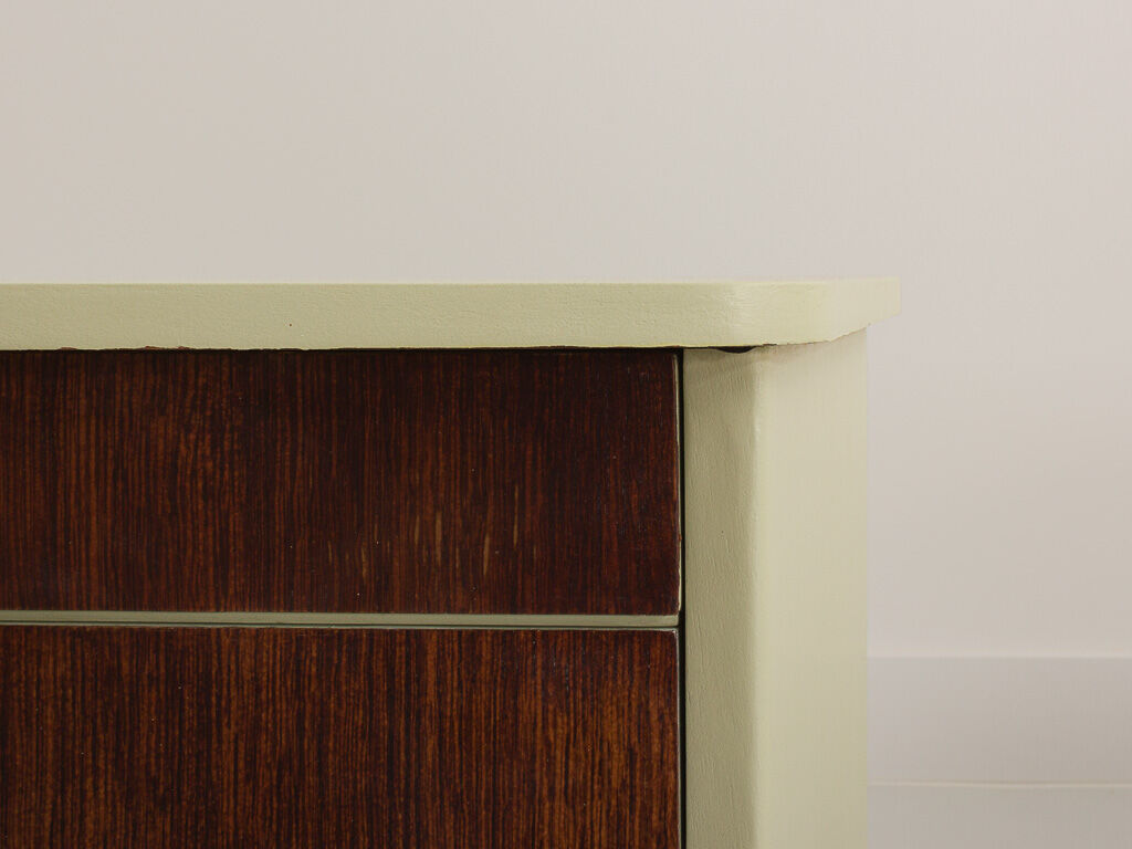 Pair of vintage bedside tables completely restyled in pale green on solid beech compass legs