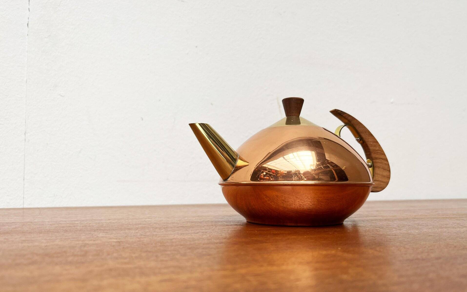 Metal and teak teapot from the mid-century, 1960s.