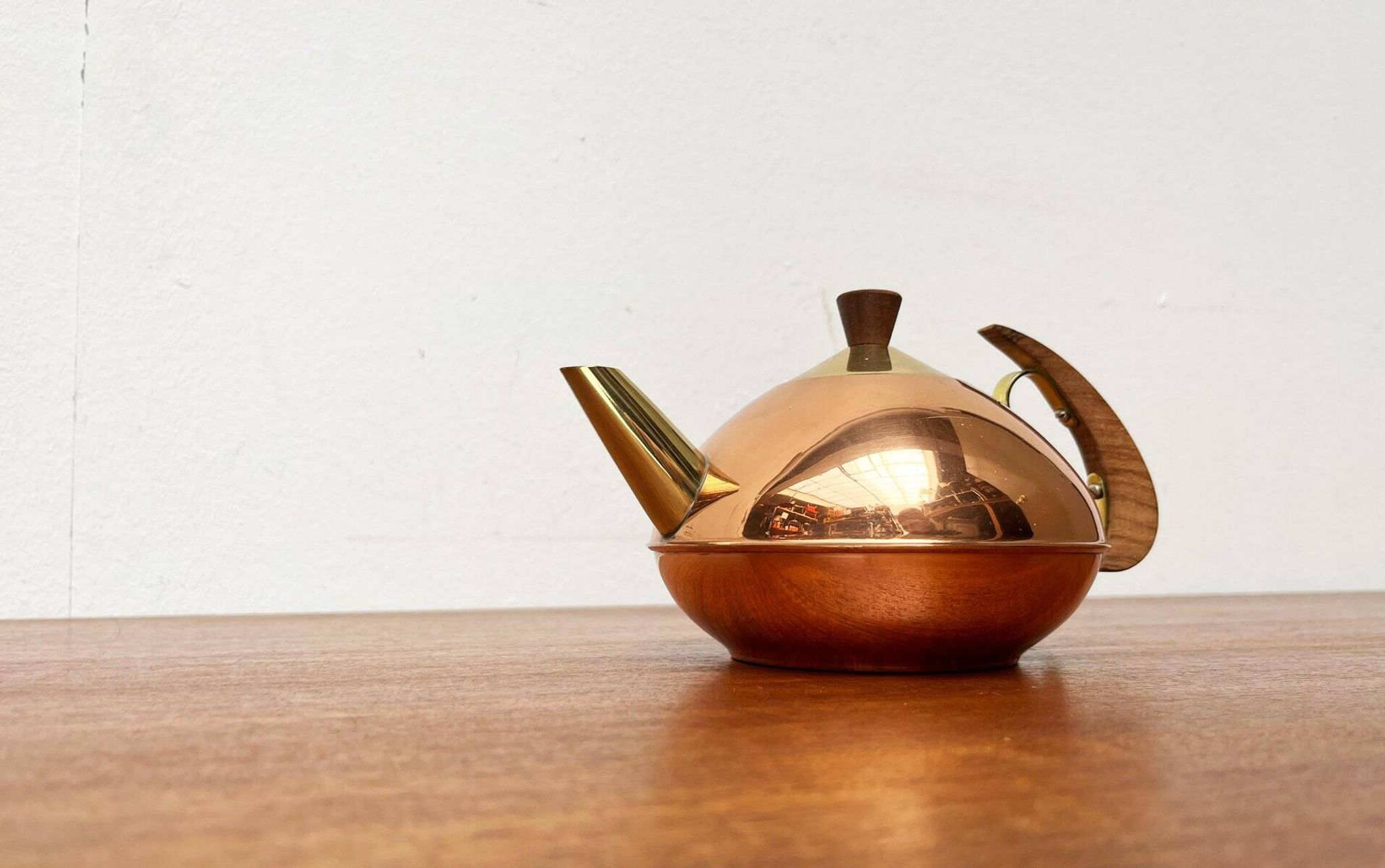 Metal and teak teapot from the mid-century, 1960s.
