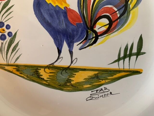 Two collection plates hand-painted rooster pattern signed fab Quimper and wolf mill hamage