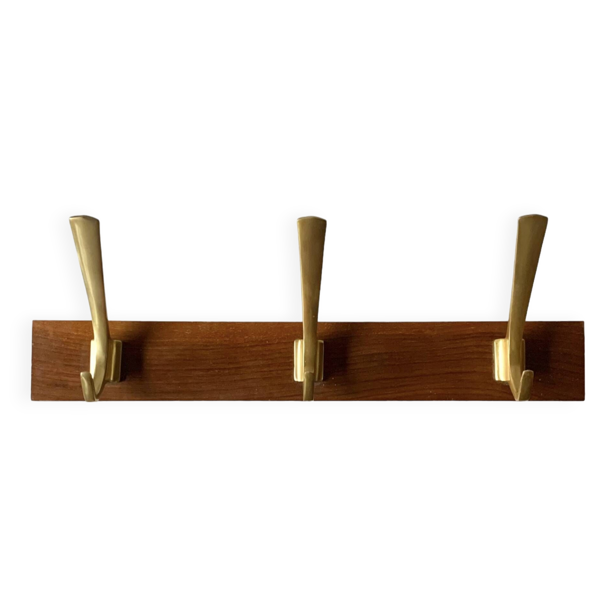 Vintage wooden wall-mounted coat rack with 3 golden cast aluminum hooks
