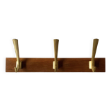 Vintage wooden wall-mounted coat rack with 3 golden cast aluminum hooks