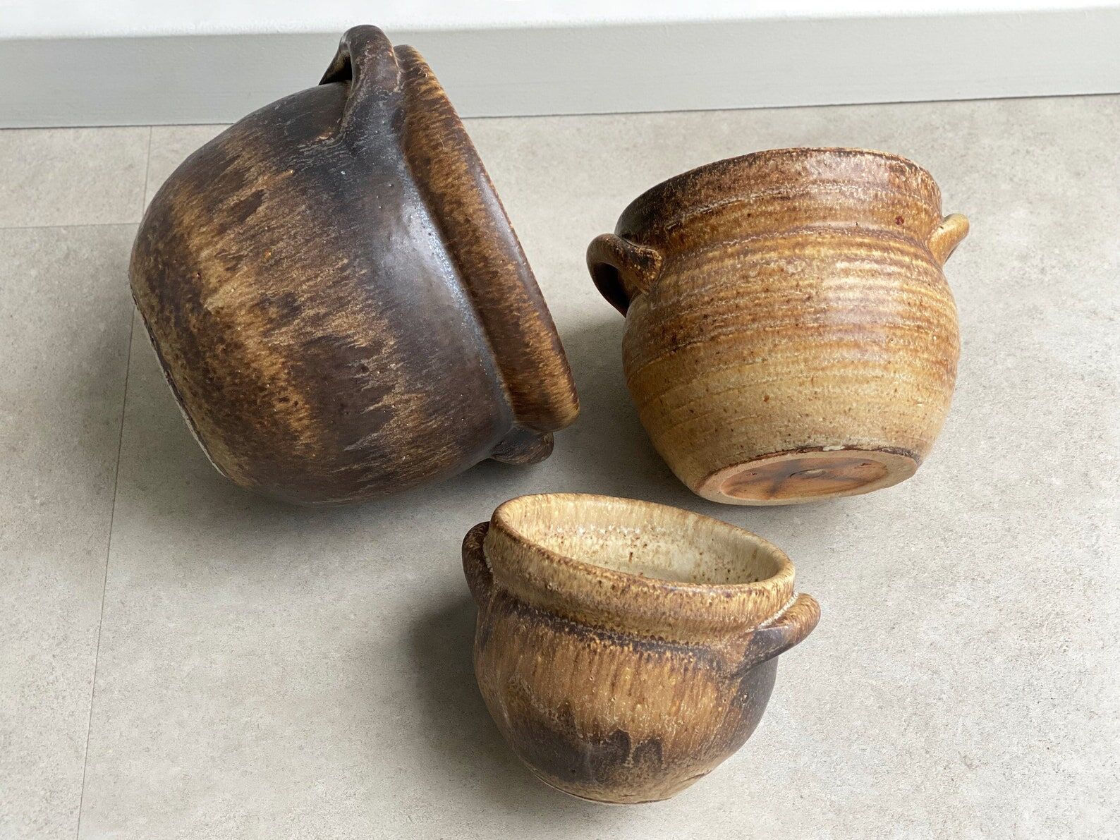 Set of 3 mid century brown ceramic planters