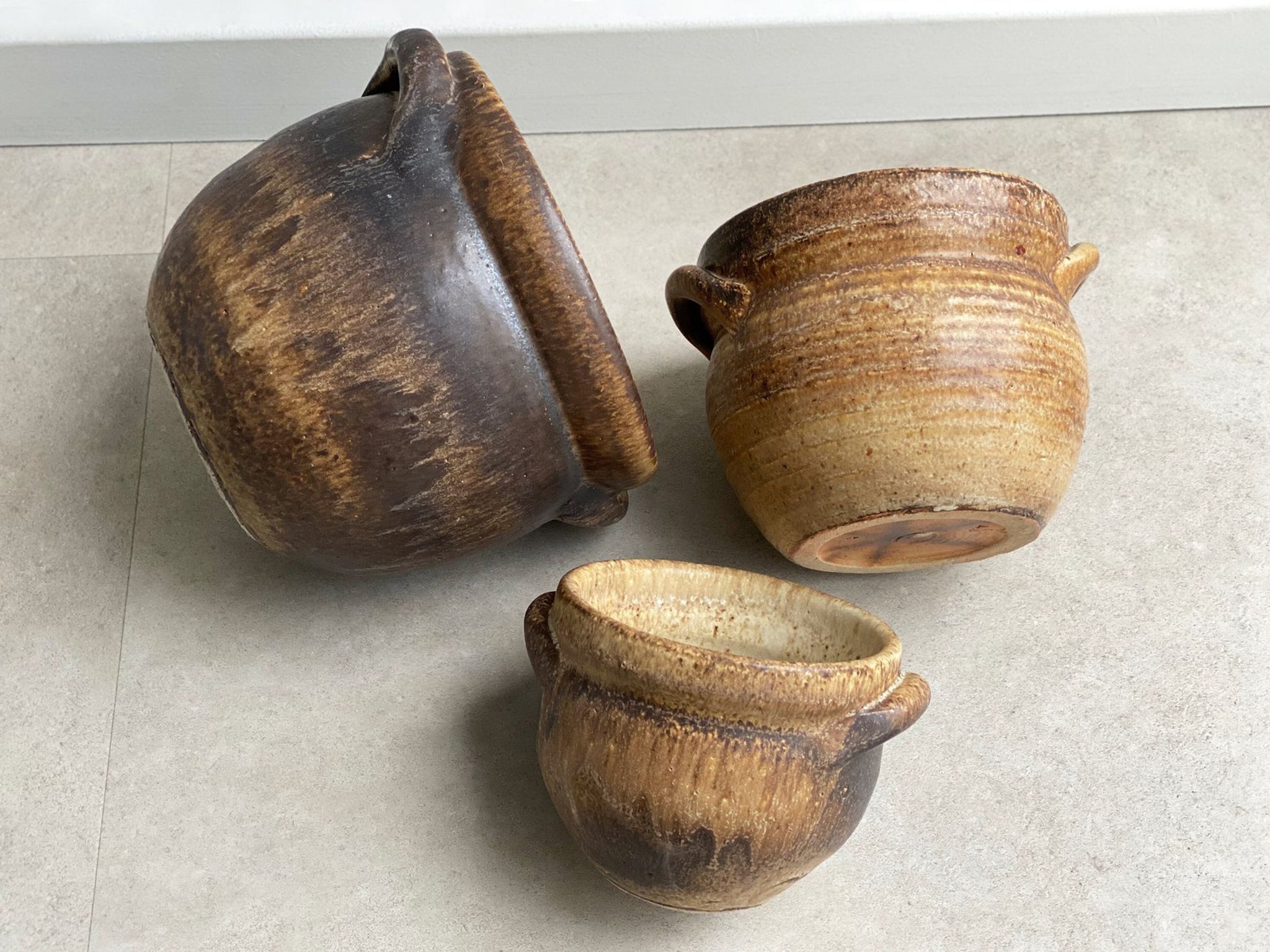 Set of 3 mid century brown ceramic planters