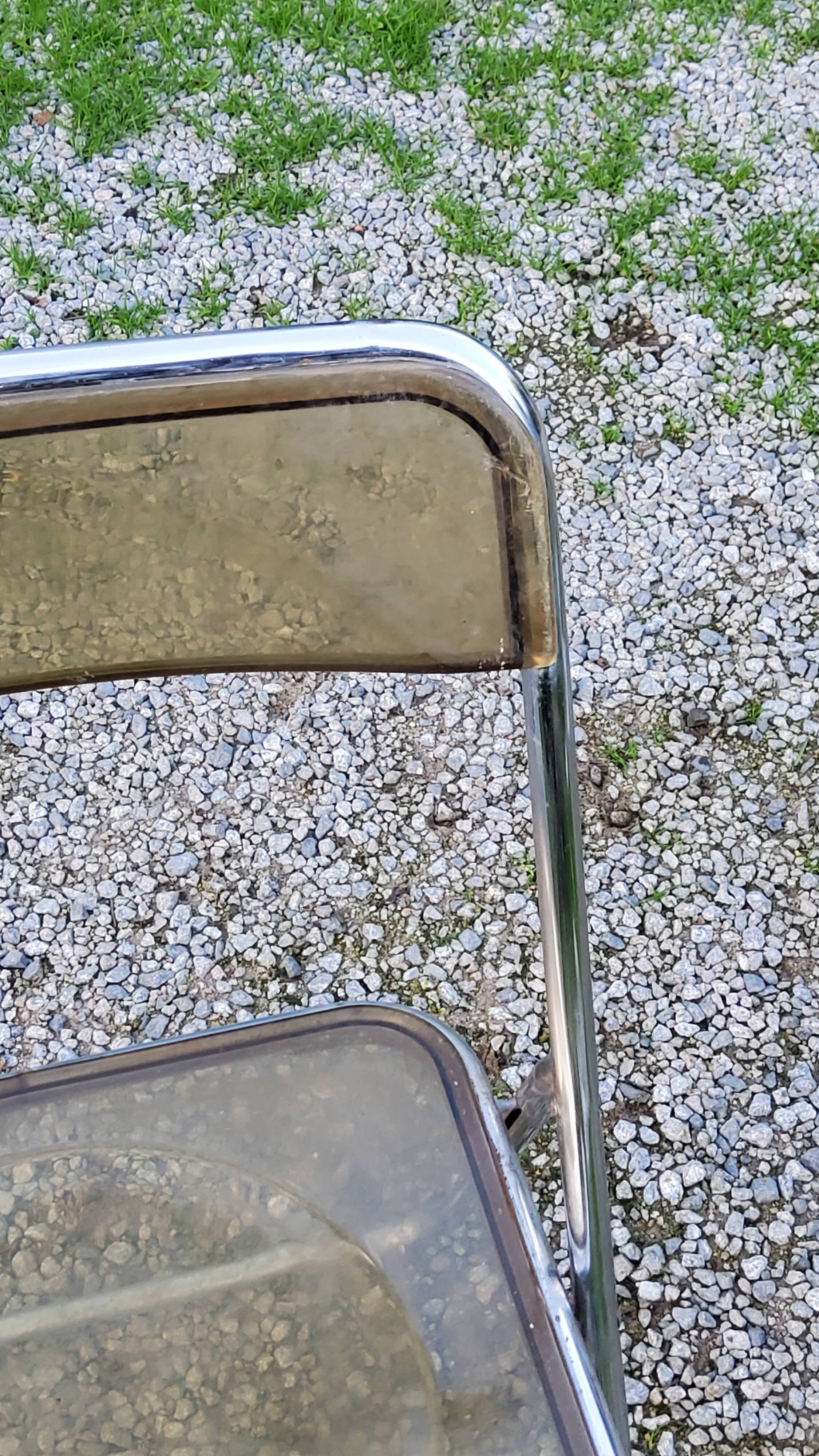 Set of 4 70s design folding chairs in smoked plexiglass and chrome metal
