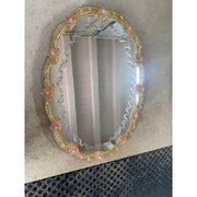 2000s venetian oval gold and pink floreal hand-carving mirror in murano glass style