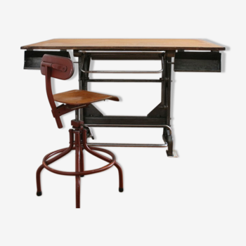 Industrial drawing table with chair