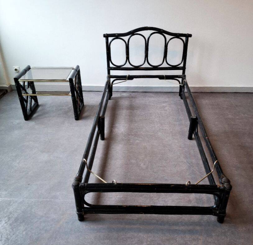 Bamboo and rattan bed and bedside table set, Italian design, 1970s.