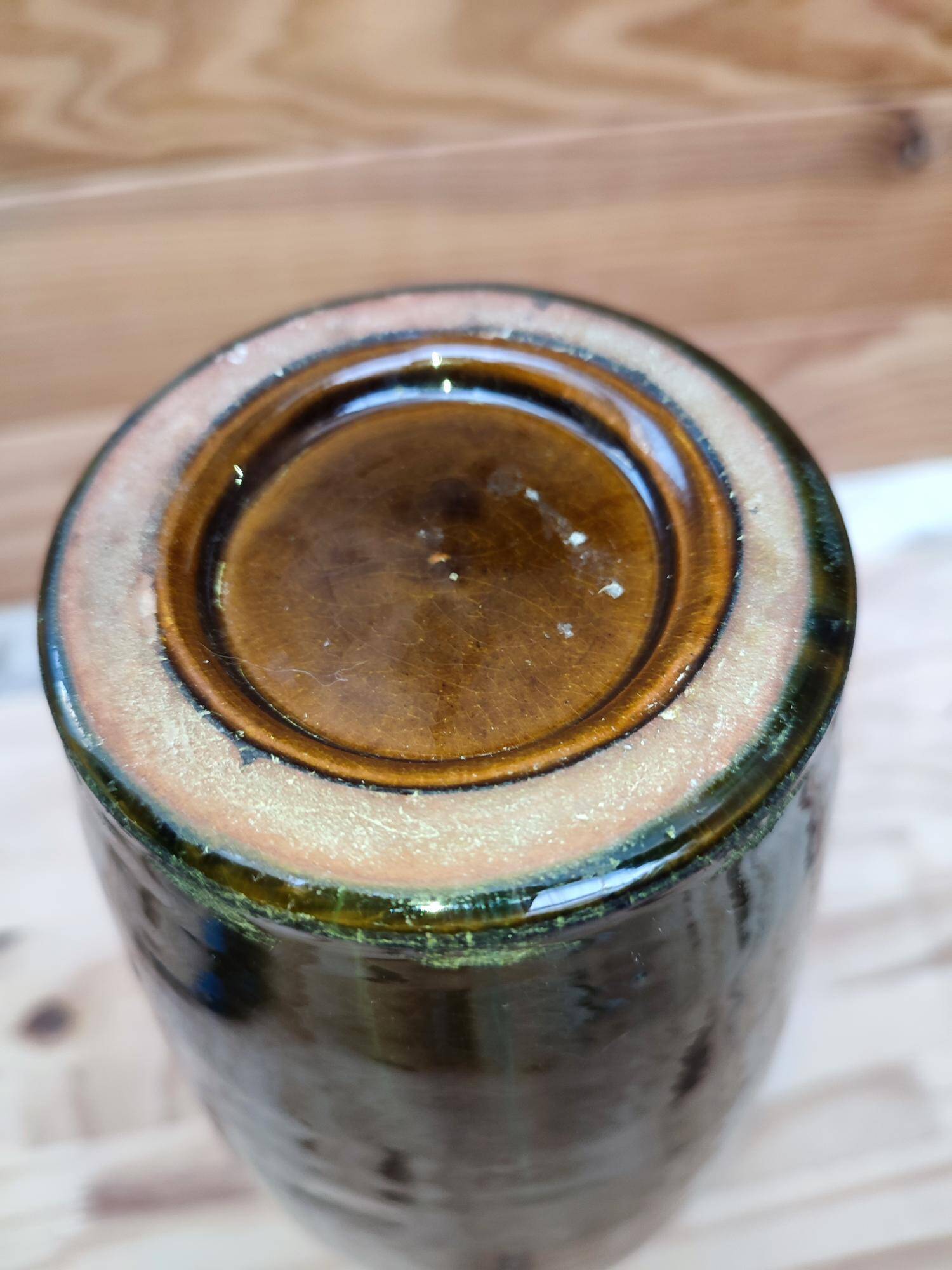 Ceramic vase with dripping in the style of jerome massier or belgian work with bronze handles