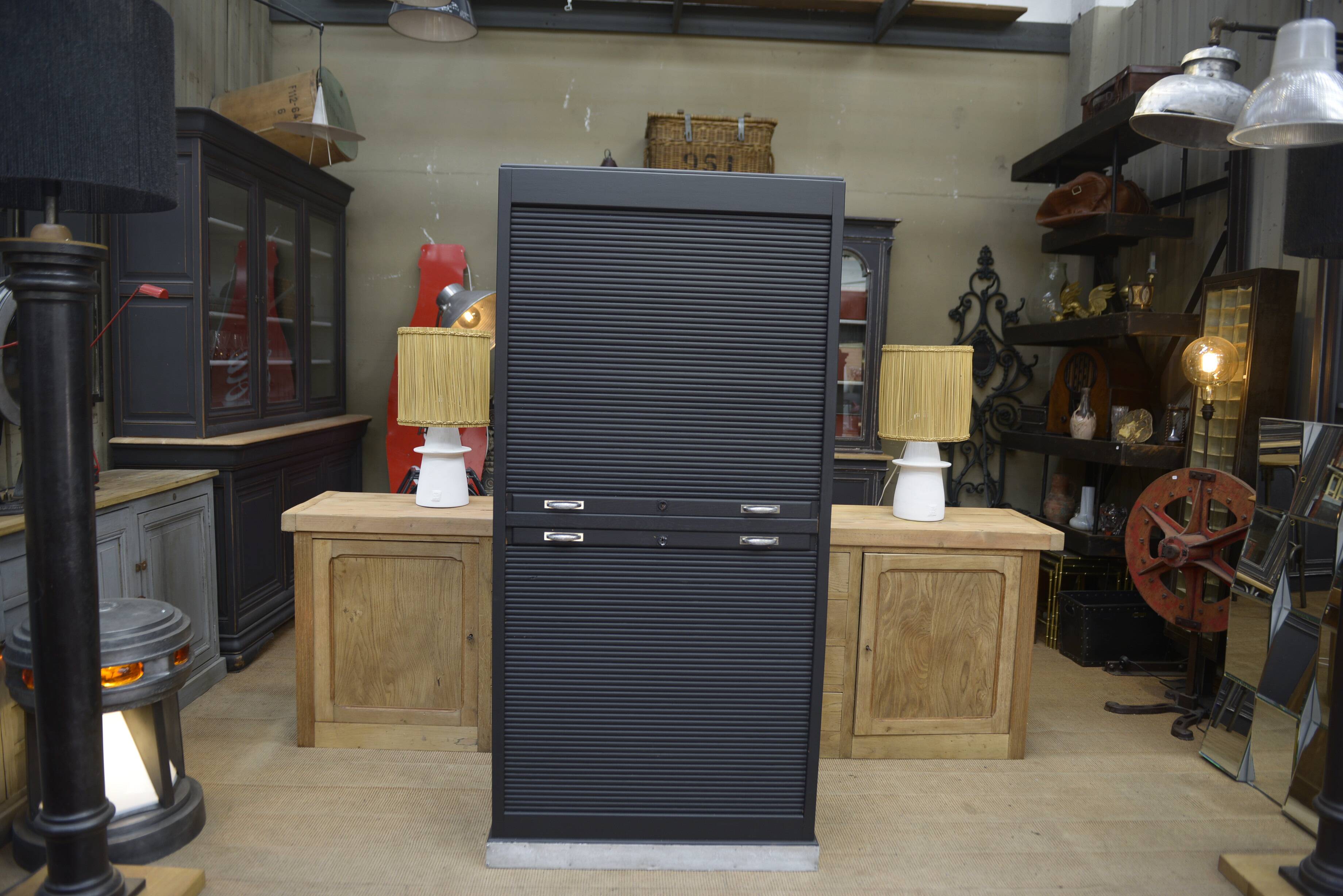 Solid oak shuttered wardrobe, anthracite grey, French work circa 1950