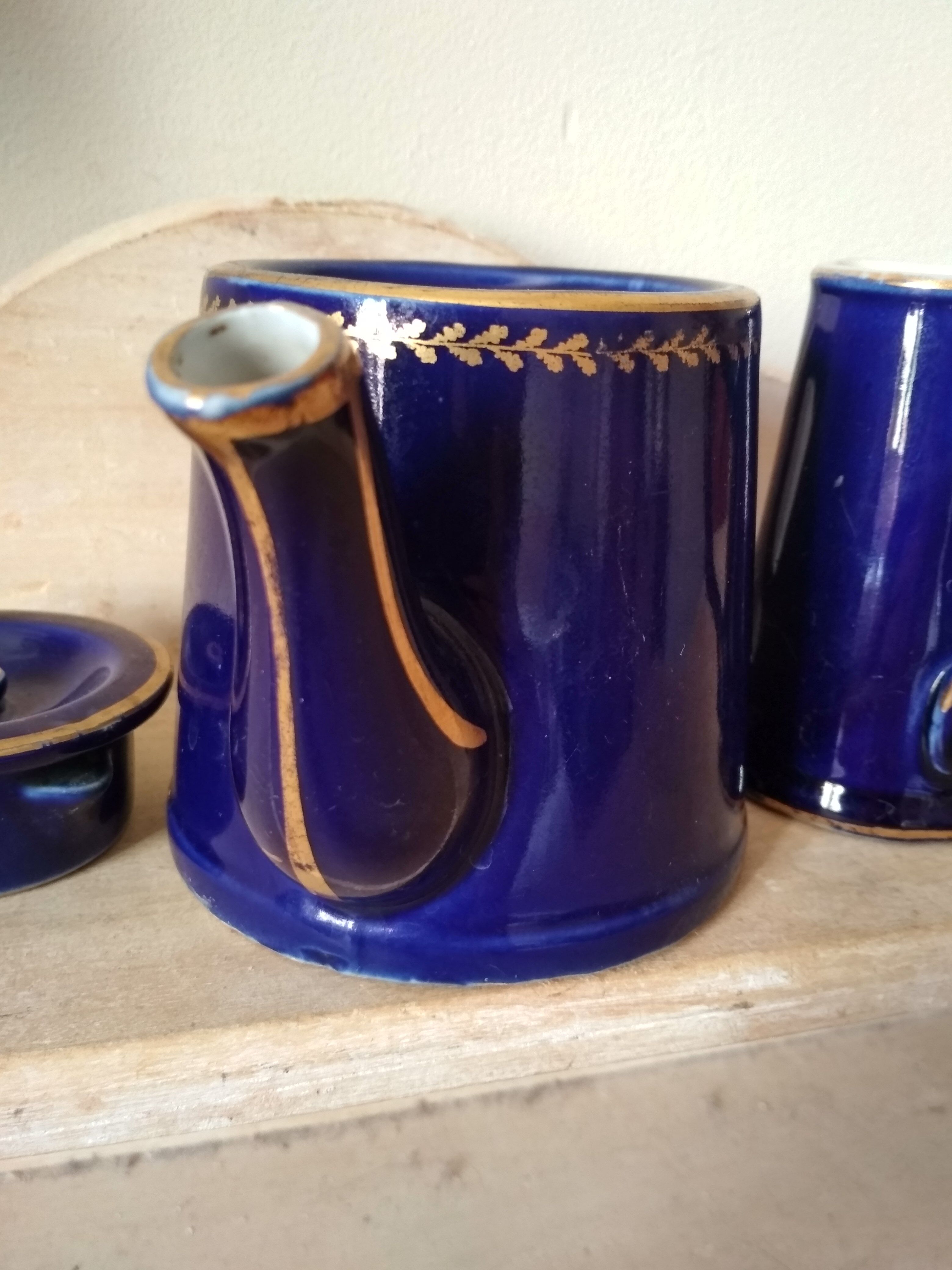 Small blue and gold teapot - milk pitcher - cobalt blue earthenware 1930