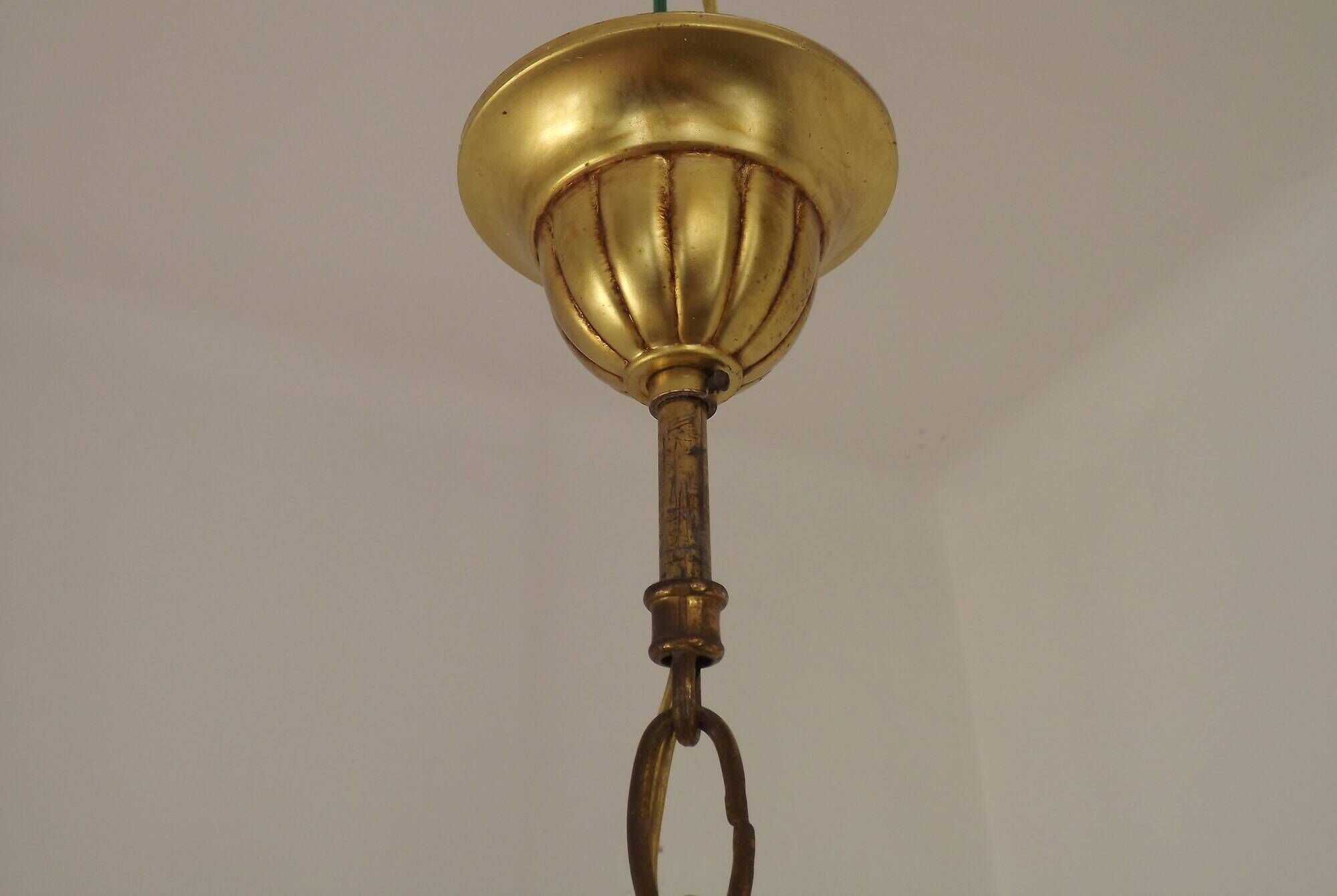 French gilt bronze three-light cage chandelier with pink and clear beaded swags.