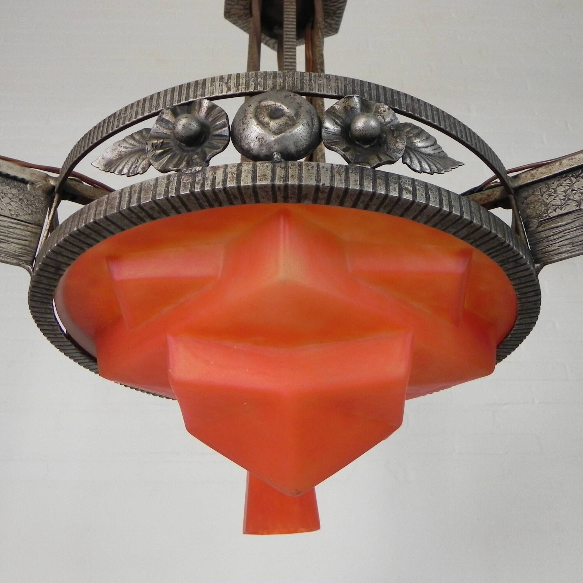 Art Deco pendant lamp with glass bowl and 3 chalices, 1930s